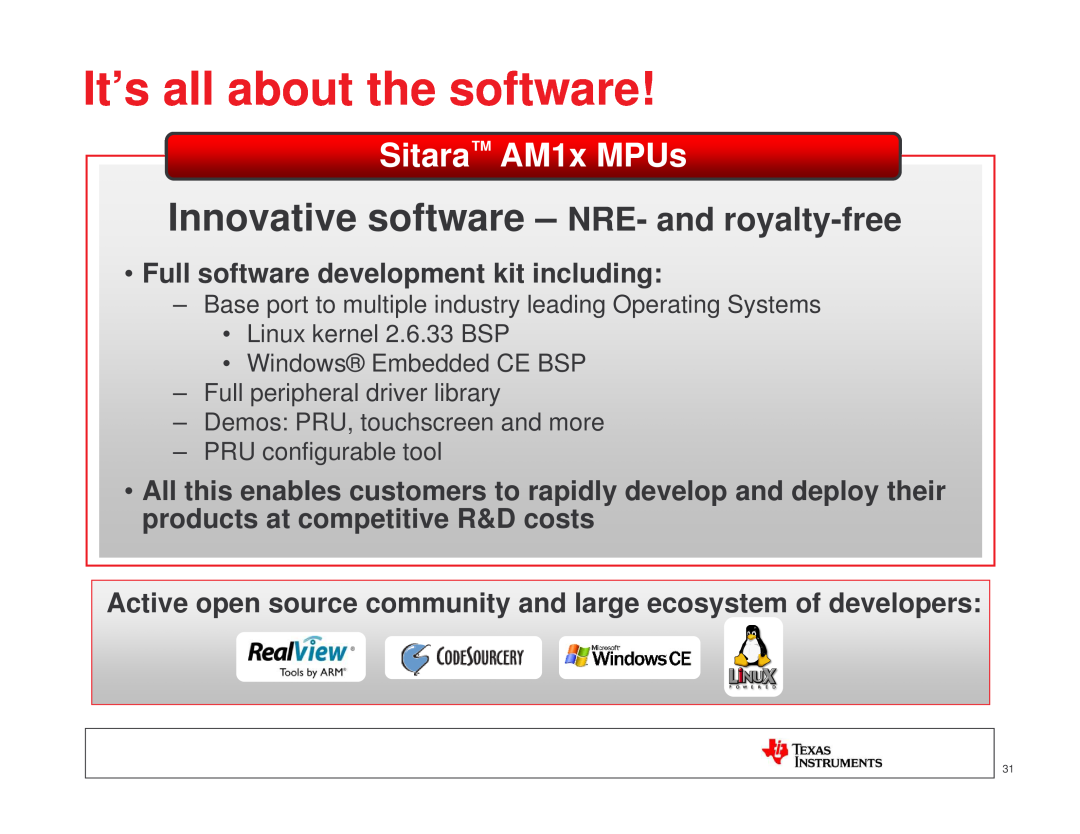 Texas Instruments TI SITARA Innovative software - NRE- and royalty-free, It’s all about the software, Sitara AM1x MPUs 