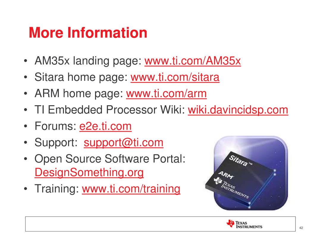 Texas Instruments TI SITARA manual More Information, TI Embedded Processor Wiki wiki.davincidsp.com sp.com 
