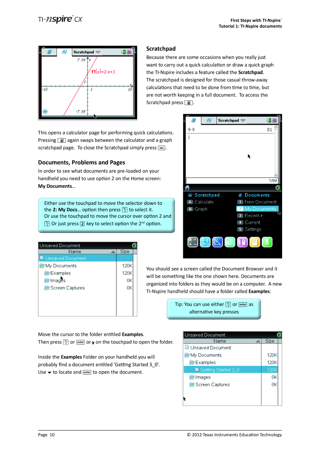 Texas Instruments TINSPIRECX manual Scratchpad, Documents, Problems and Pages 