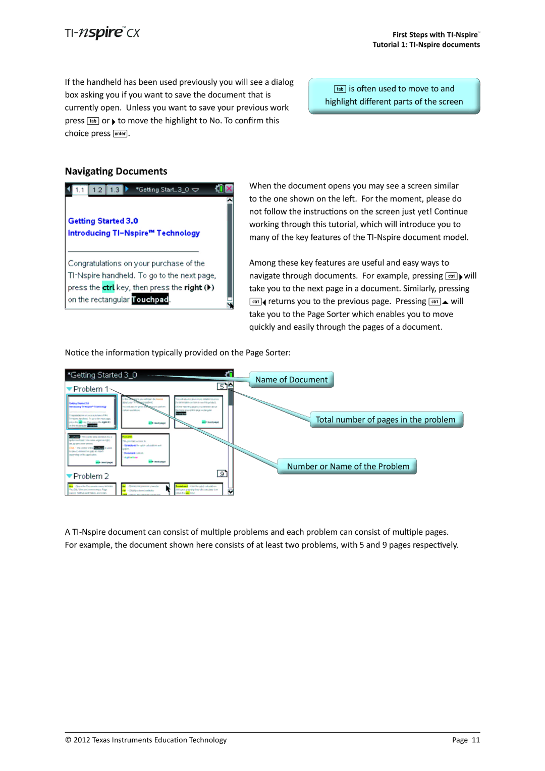 Texas Instruments TINSPIRECX manual Navigating Documents 