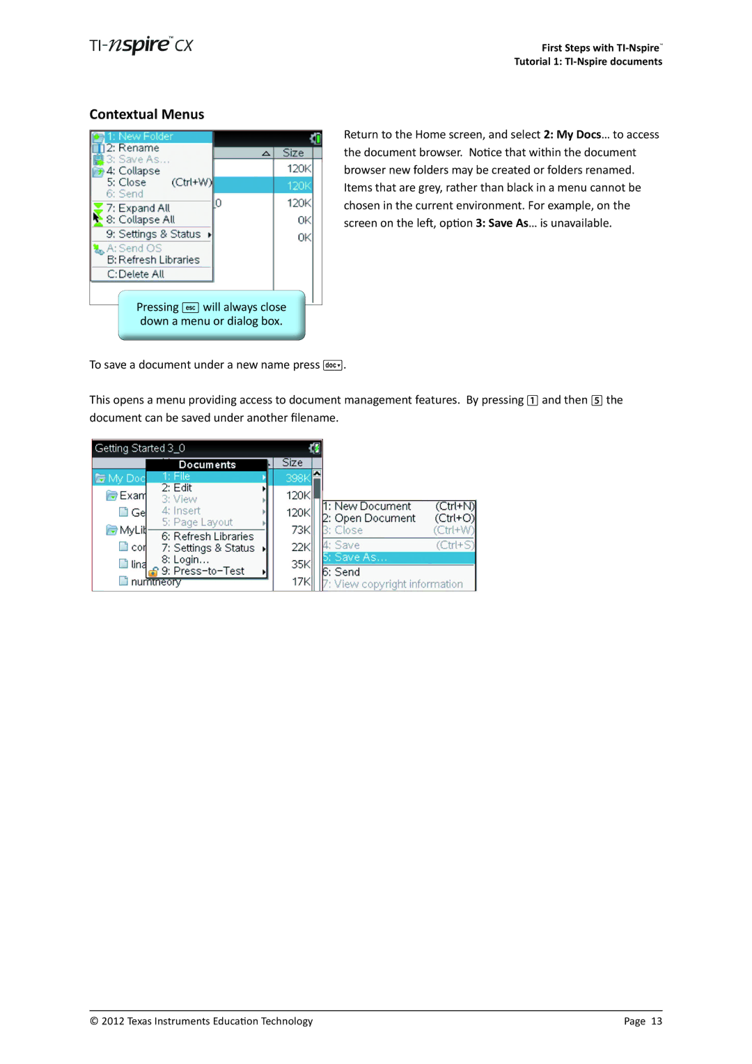 Texas Instruments TINSPIRECX manual Contextual Menus 