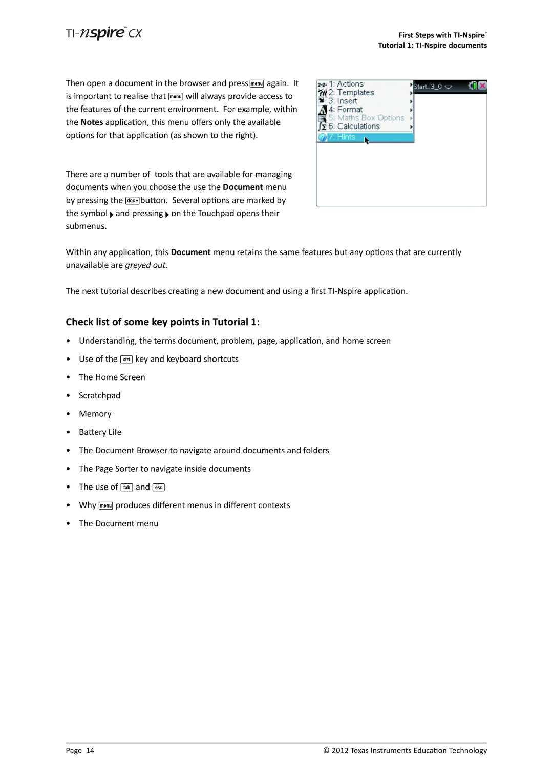 Texas Instruments TINSPIRECX manual Check list of some key points in Tutorial 