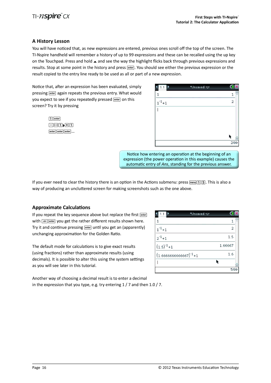 Texas Instruments TINSPIRECX manual History Lesson, Approximate Calculations 