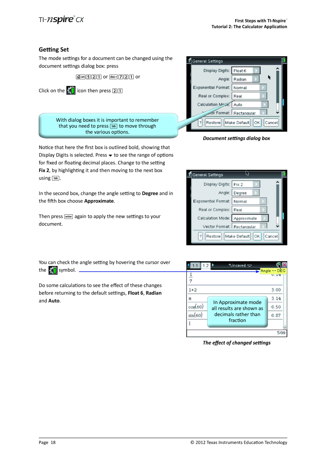 Texas Instruments TINSPIRECX manual Getting Set, Document settings dialog box, Effect of changed settings 