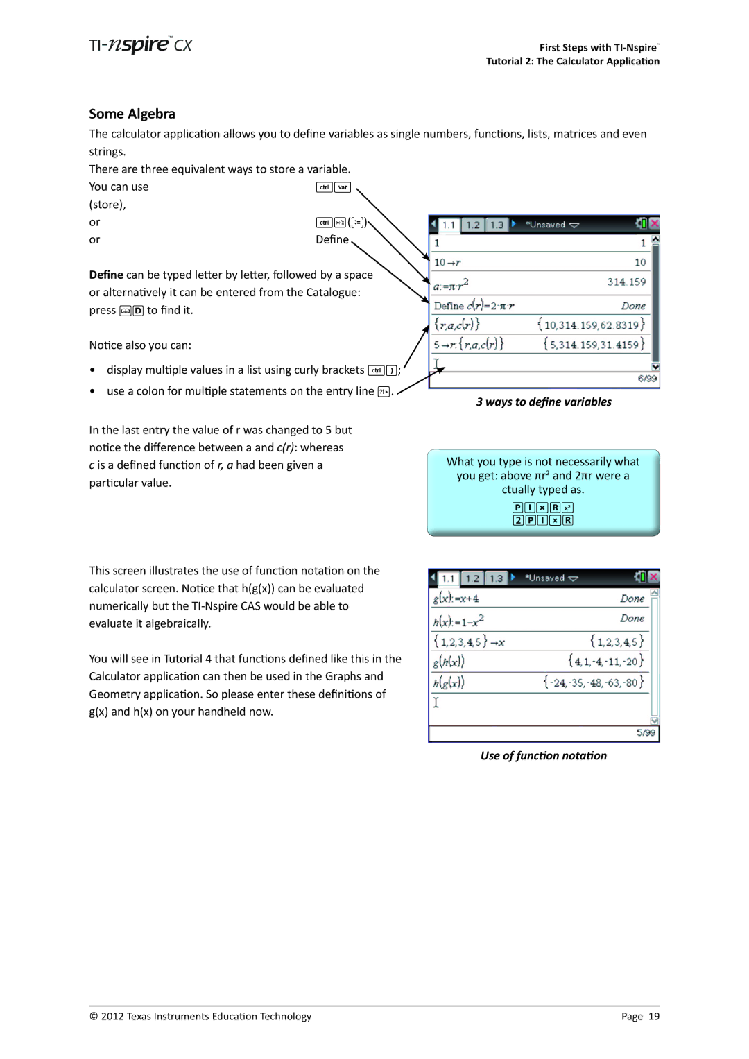 Texas Instruments TINSPIRECX manual Some Algebra, Ways to define variables, Use of function notation 