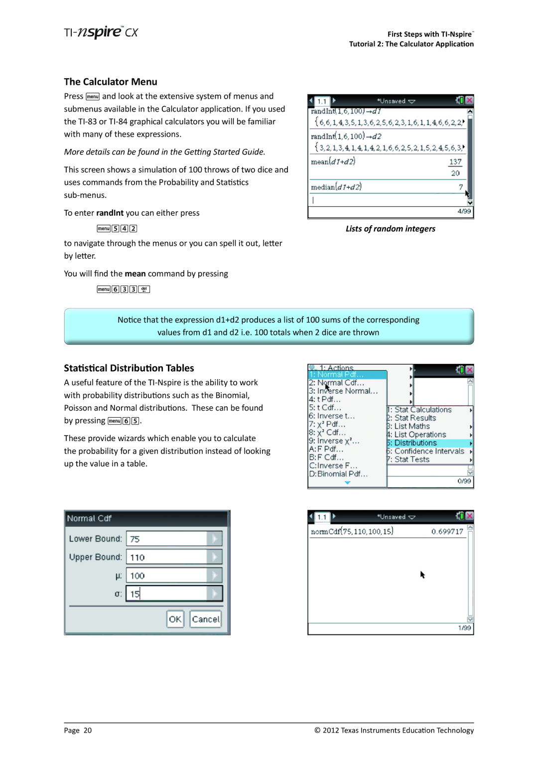 Texas Instruments TINSPIRECX manual Calculator Menu, Statistical Distribution Tables, Lists of random integers 