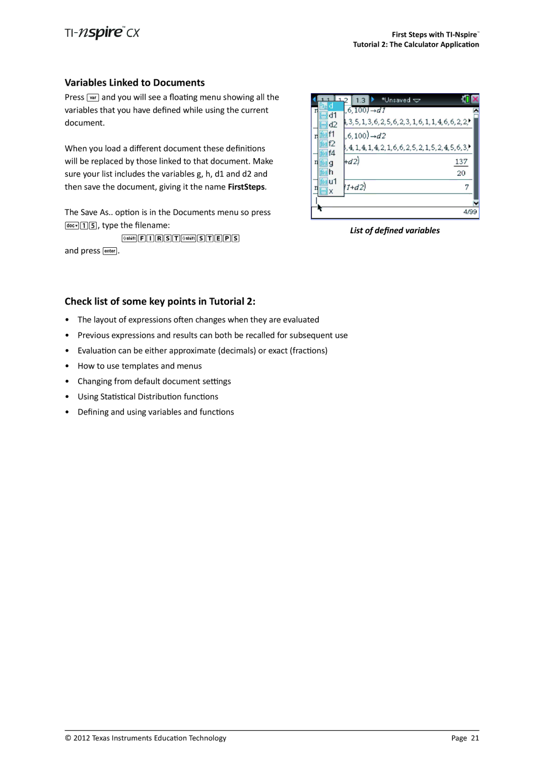 Texas Instruments TINSPIRECX manual Variables Linked to Documents, List of defined variables 