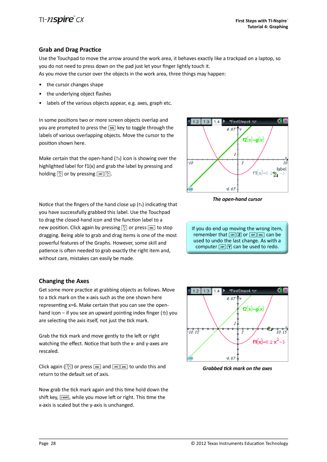 Texas Instruments TINSPIRECX Grab and Drag Practice, Changing the Axes, Open-hand cursor, Grabbed tick mark on the axes 