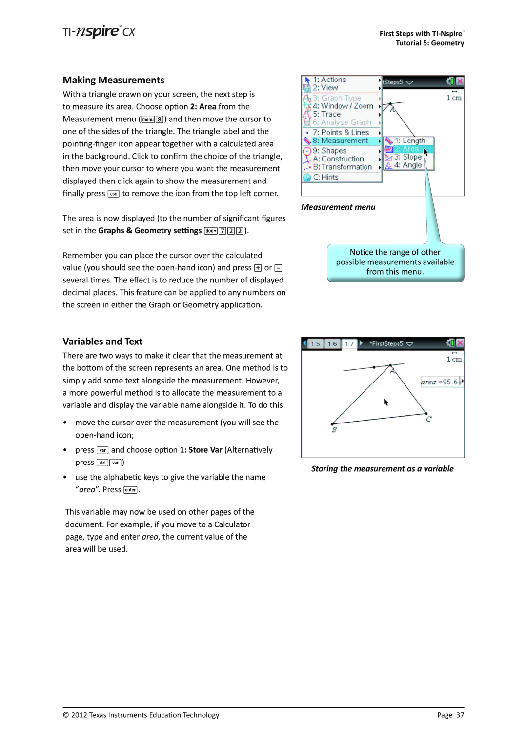 Texas Instruments TINSPIRECX manual Making Measurements, Variables and Text, Measurement menu 