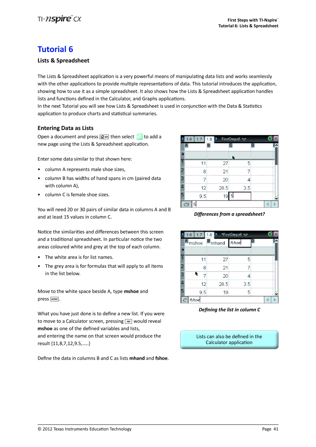 Texas Instruments TINSPIRECX manual Lists & Spreadsheet, Entering Data as Lists 