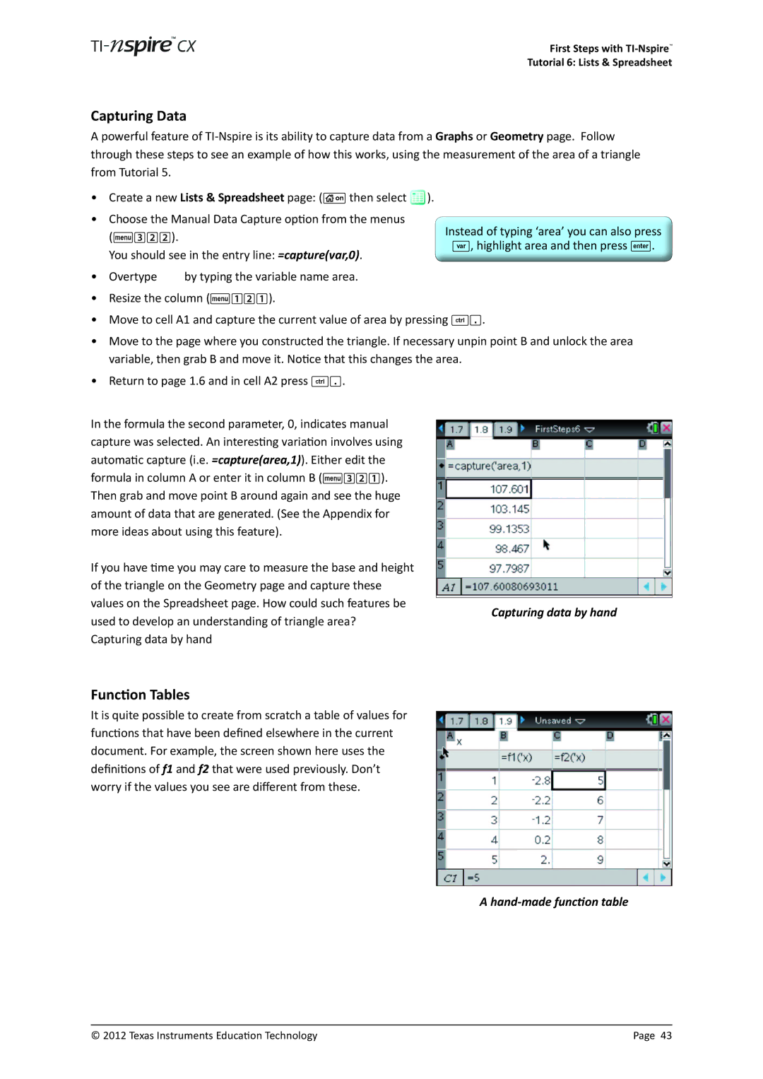 Texas Instruments TINSPIRECX manual Capturing Data, Function Tables, Hand-made function table 