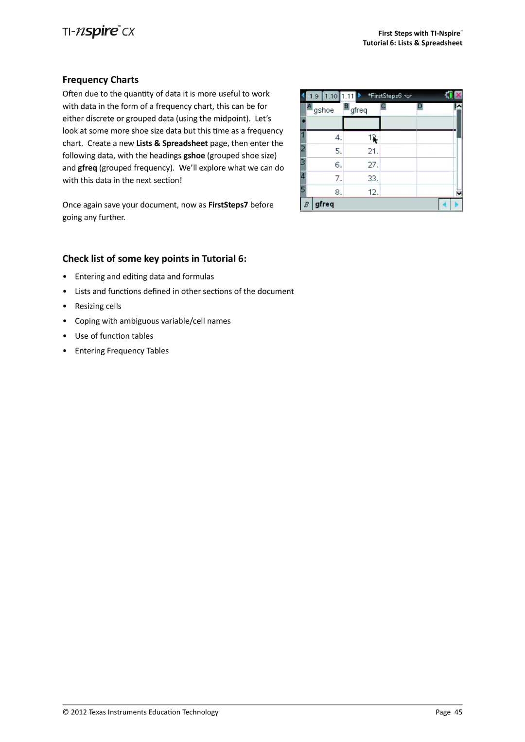 Texas Instruments TINSPIRECX manual Frequency Charts, Check list of some key points in Tutorial 