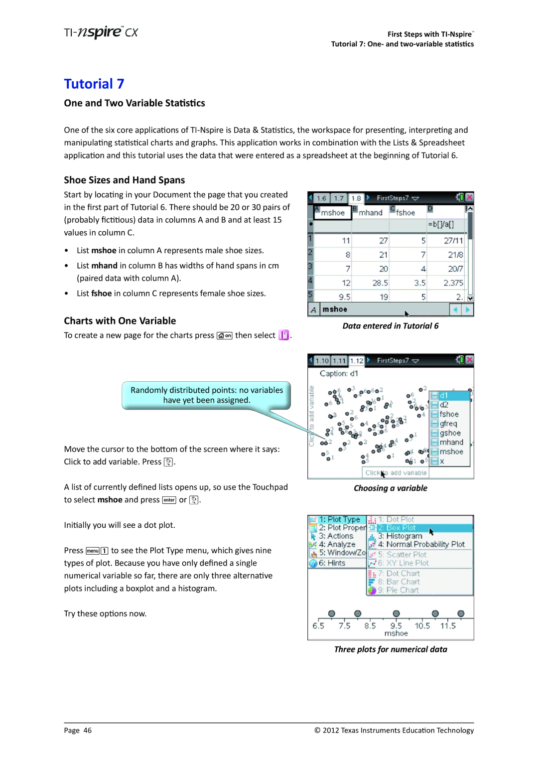 Texas Instruments TINSPIRECX manual One and Two Variable Statistics, Shoe Sizes and Hand Spans, Charts with One Variable 