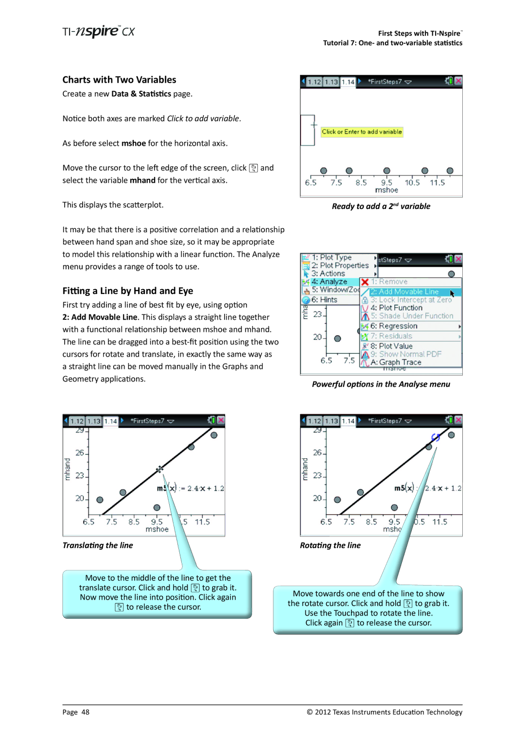 Texas Instruments TINSPIRECX manual Charts with Two Variables, Fitting a Line by Hand and Eye, Ready to add a 2nd variable 