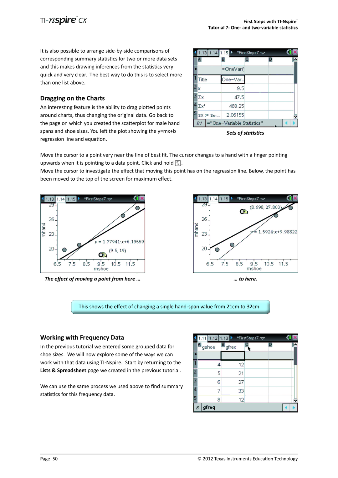 Texas Instruments TINSPIRECX manual Dragging on the Charts, Working with Frequency Data, Sets of statistics 