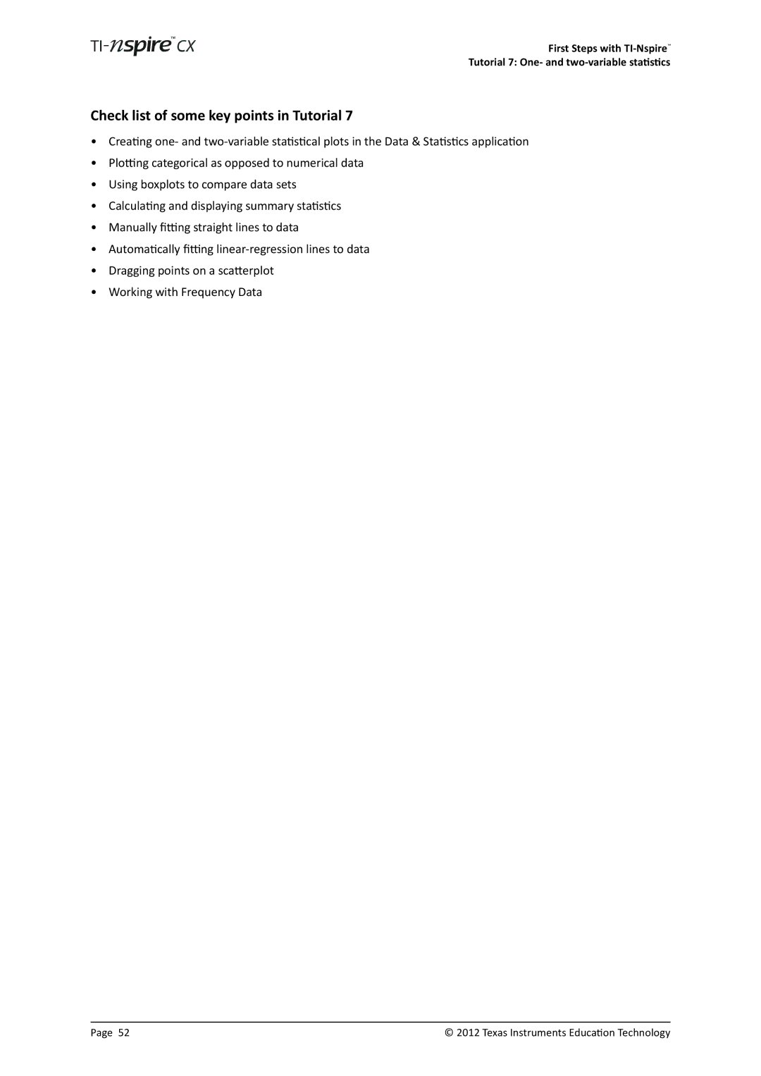 Texas Instruments TINSPIRECX manual Check list of some key points in Tutorial 