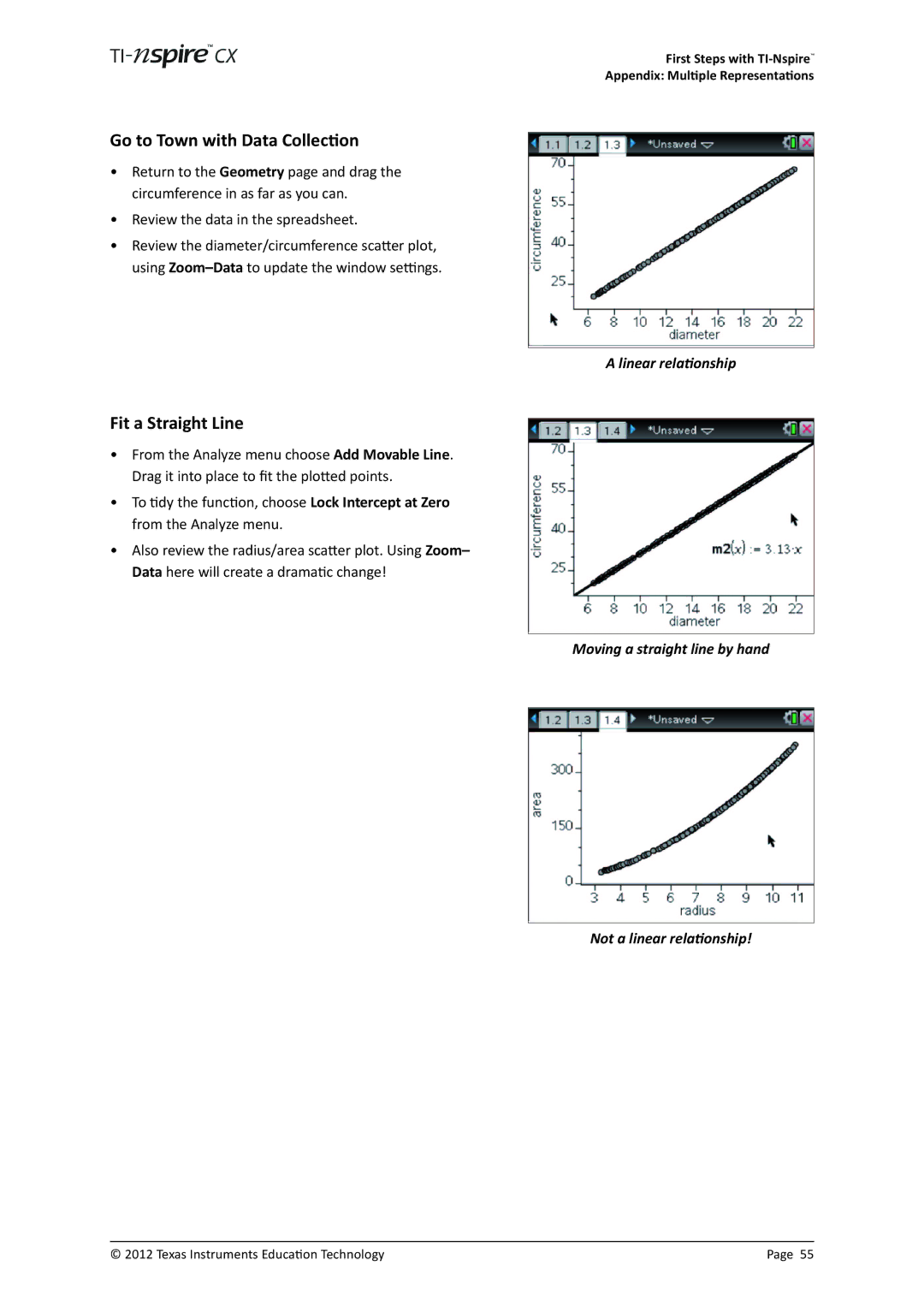 Texas Instruments TINSPIRECX manual Go to Town with Data Collection, Fit a Straight Line, Linear relationship 