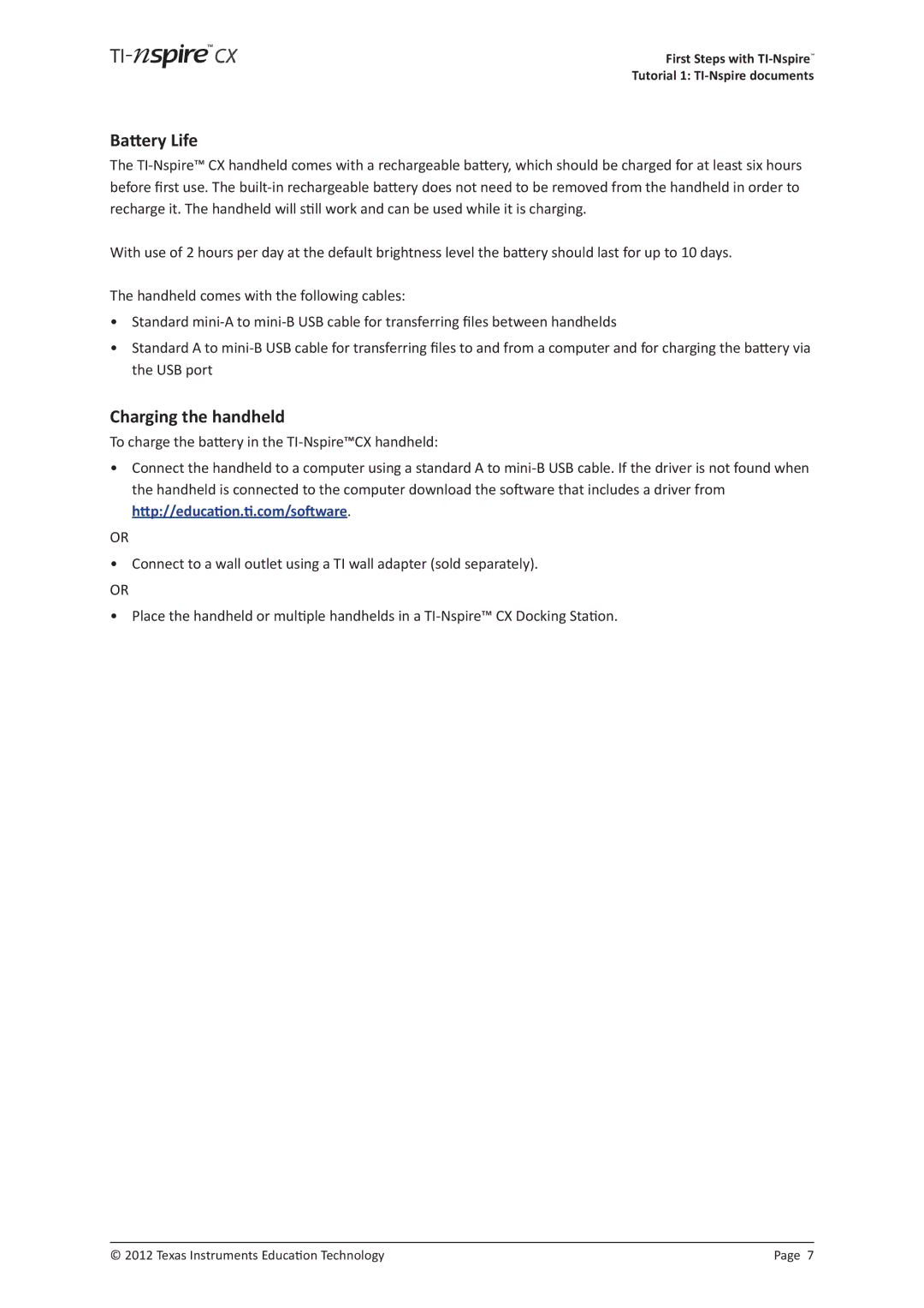 Texas Instruments TINSPIRECX manual Battery Life, Charging the handheld 