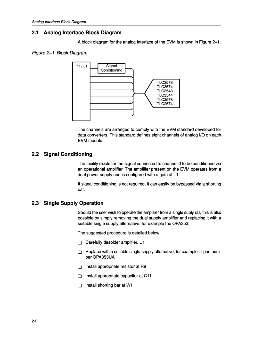 Texas Instruments TLC3578EVM manual Analog Interface Block Diagram, Signal Conditioning, Single Supply Operation 