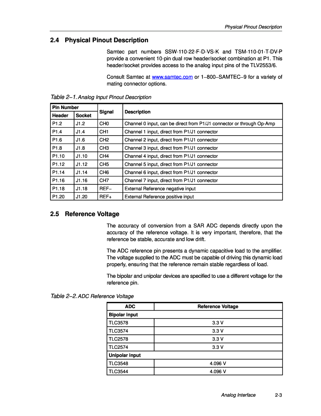 Texas Instruments TLC3578EVM manual Physical Pinout Description, Reference Voltage, 1. Analog Input Pinout Description 