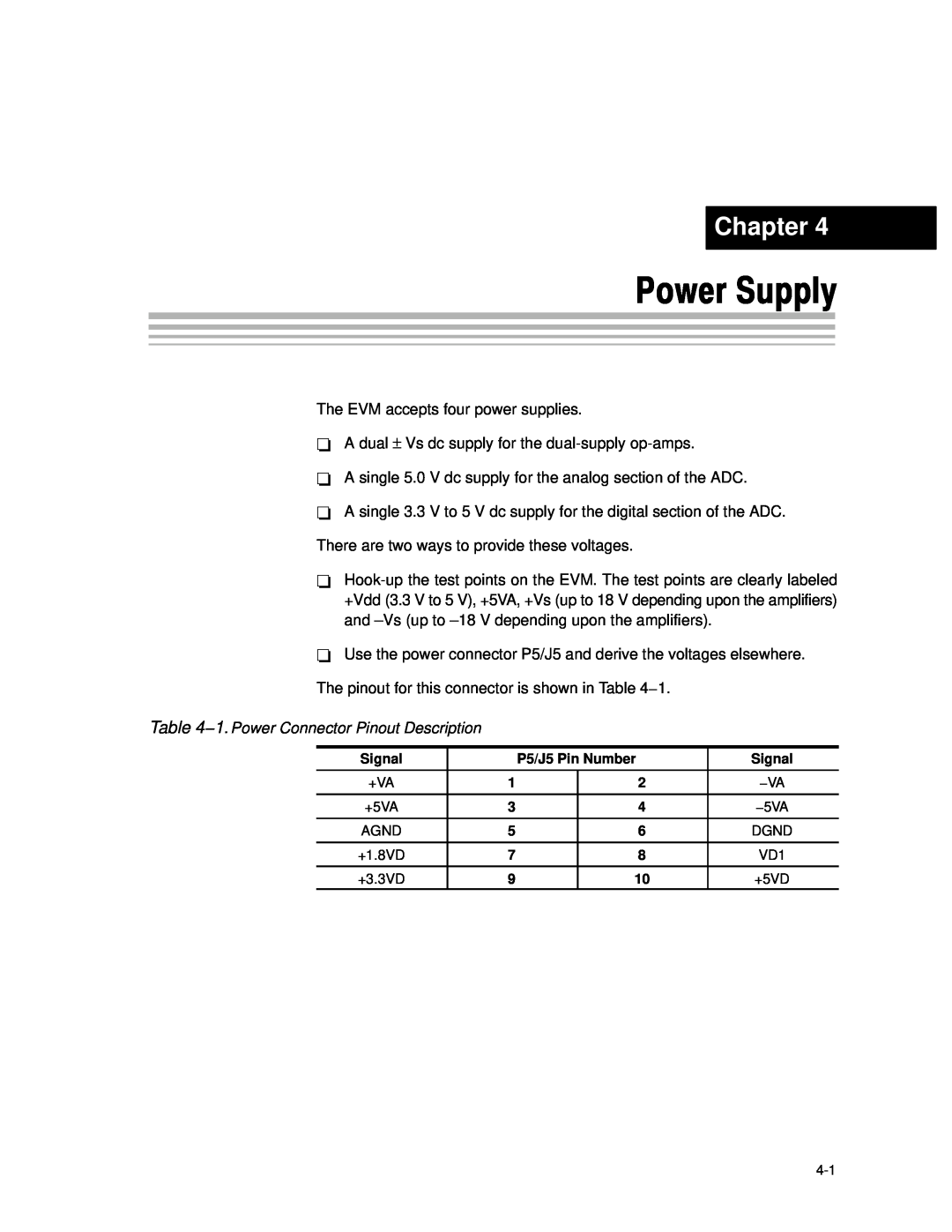 Texas Instruments TLC3578EVM manual Power Supply, Chapter, 1. Power Connector Pinout Description 