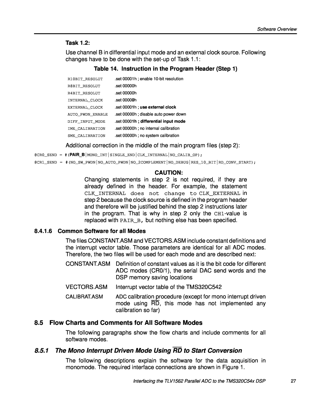 Texas Instruments TLV1562 Flow Charts and Comments for All Software Modes, Instruction in the Program Header Step, Task 