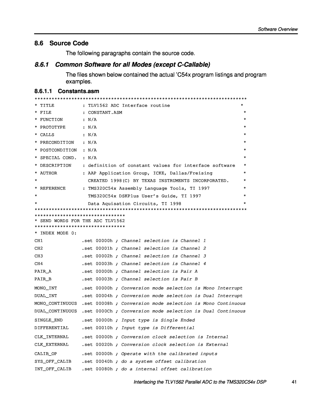 Texas Instruments TLV1562 Source Code, Common Software for all Modes except C-Callable, Constants.asm, Software Overview 