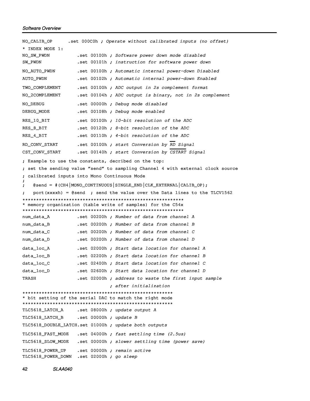 Texas Instruments TLV1562 manual Software Overview, set 000C0h Operate without calibrated inputs no offset, SLAA040 