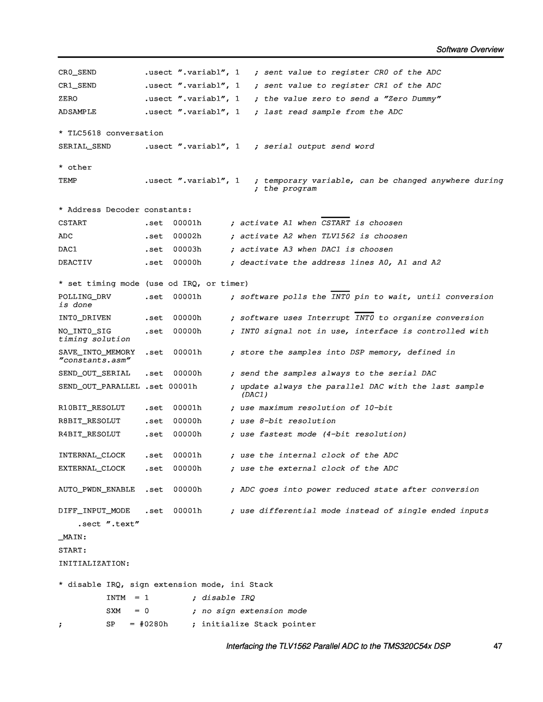 Texas Instruments TLV1562 manual Software Overview, sent value to register CR0 of the ADC 