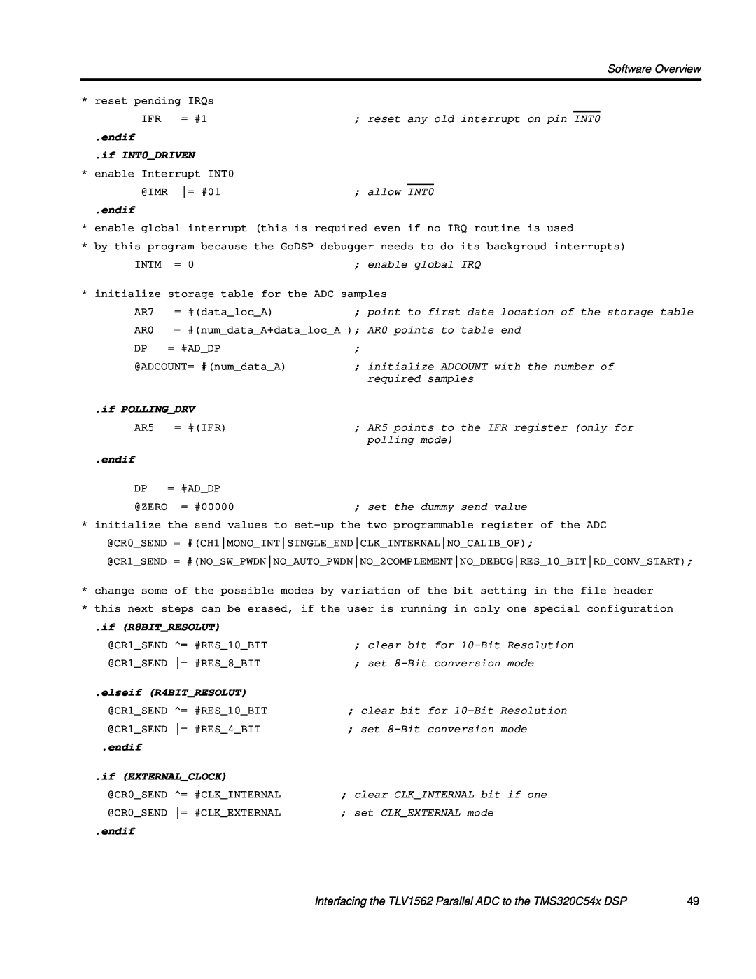 Texas Instruments manual Software Overview, endif, Interfacing the TLV1562 Parallel ADC to the TMS320C54x DSP 