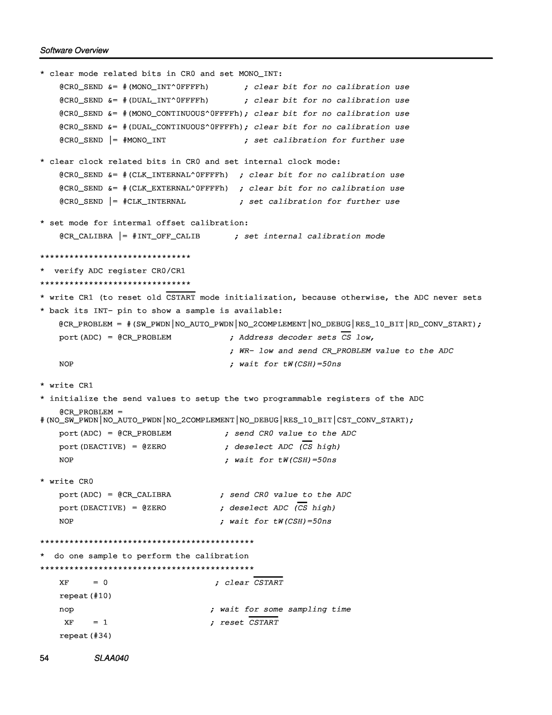 Texas Instruments TLV1562 manual Software Overview, SLAA040 