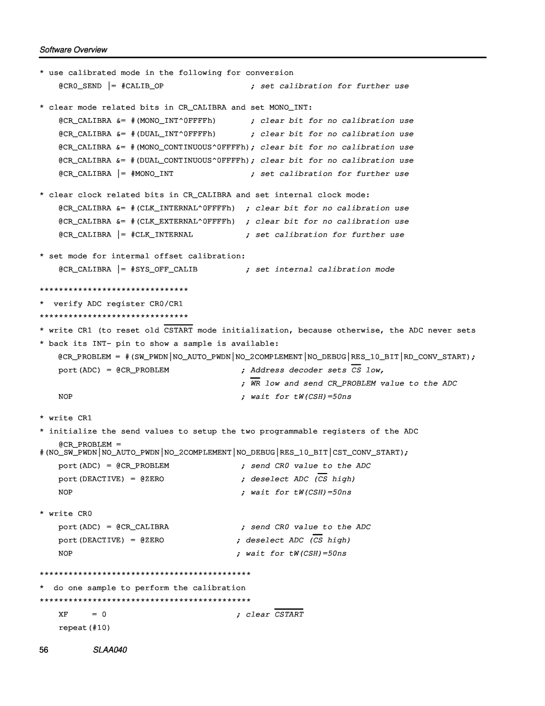 Texas Instruments TLV1562 manual Software Overview, SLAA040 