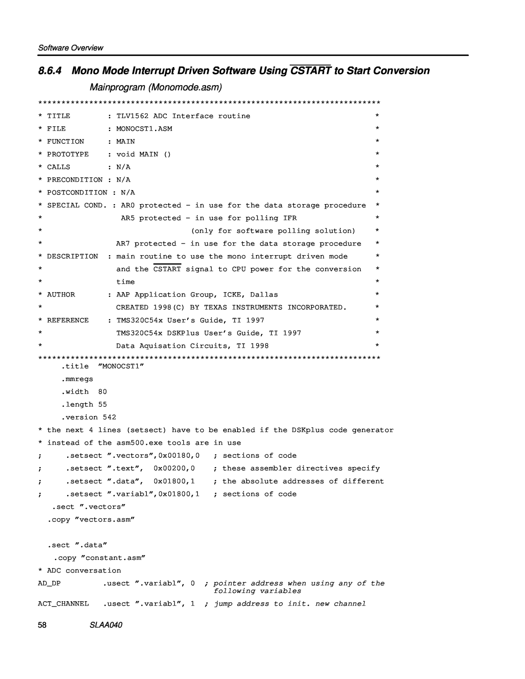 Texas Instruments TLV1562 manual Mainprogram Monomode.asm, Software Overview, SLAA040 