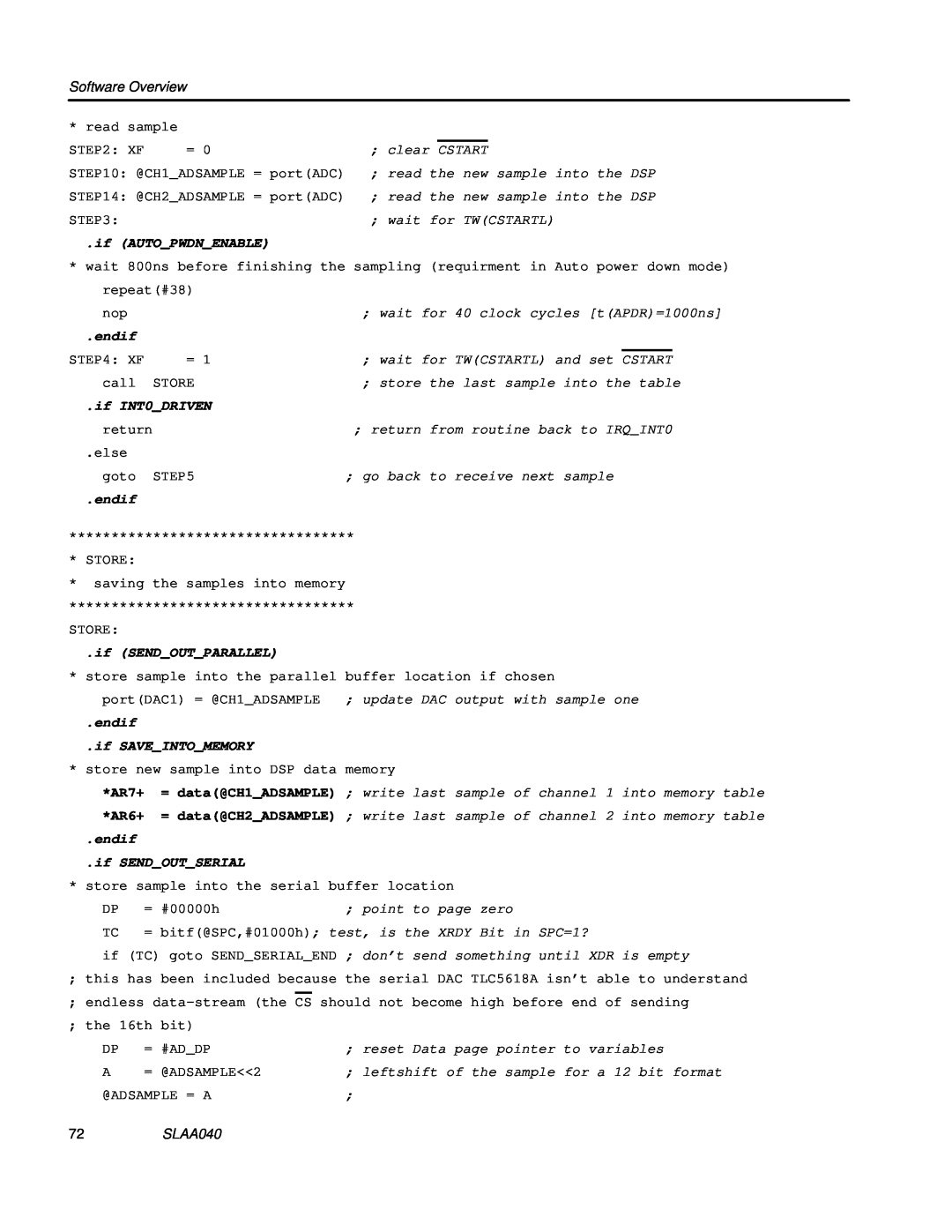 Texas Instruments TLV1562 manual Software Overview, if AUTOPWDNENABLE, endif, if INT0DRIVEN, if SENDOUTPARALLEL, SLAA040 