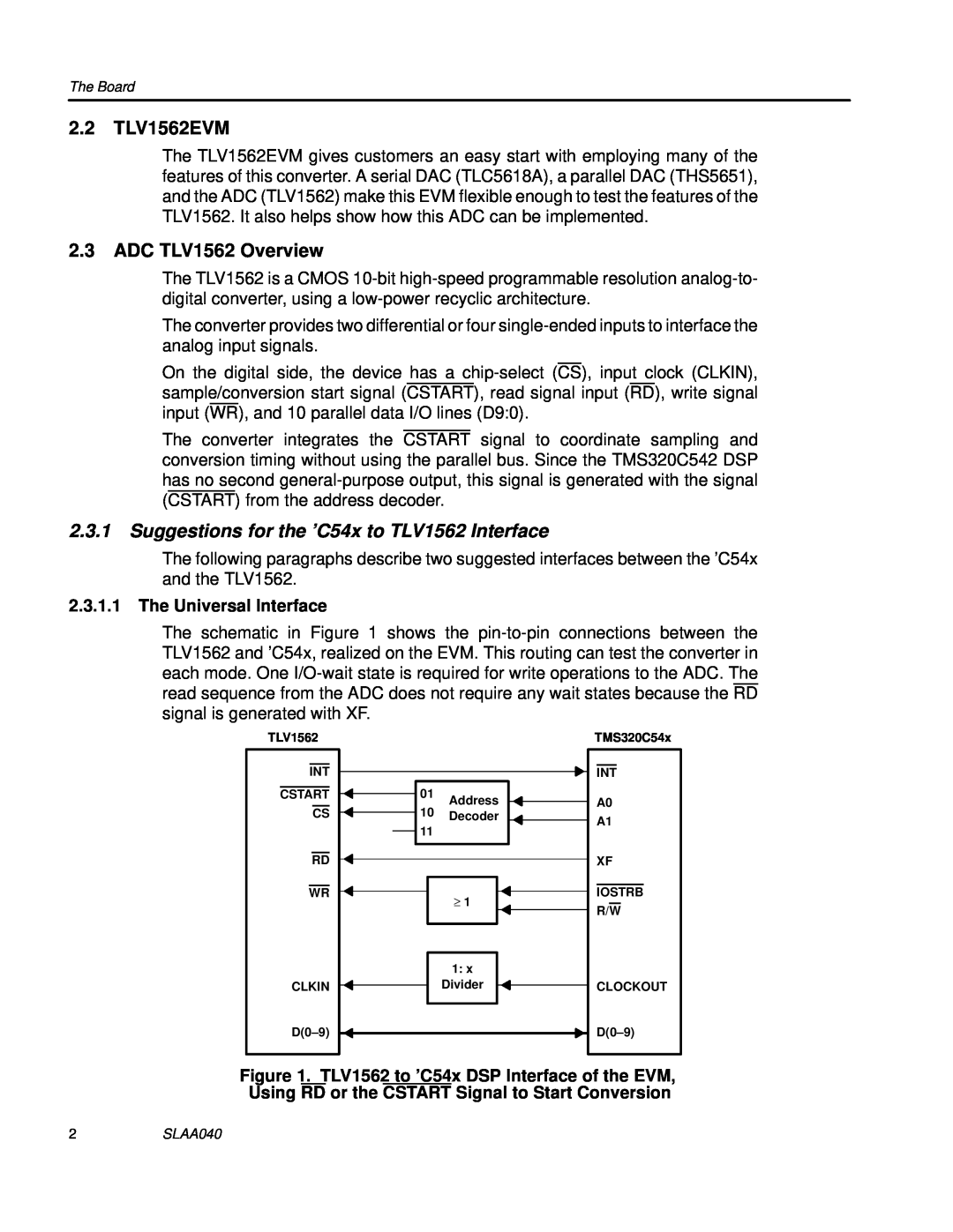 Texas Instruments manual 2.2 TLV1562EVM, ADC TLV1562 Overview, Suggestions for the ’C54x to TLV1562 Interface 