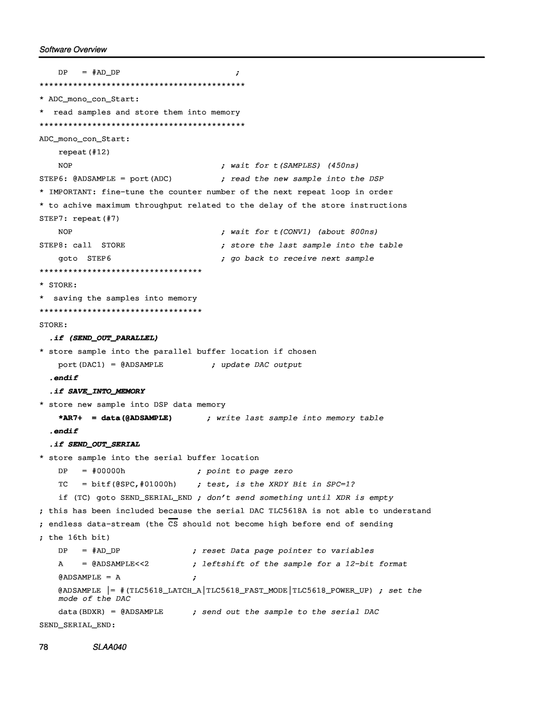 Texas Instruments TLV1562 Software Overview, if SENDOUTPARALLEL, endif if SAVEINTOMEMORY, endif if SENDOUTSERIAL, SLAA040 