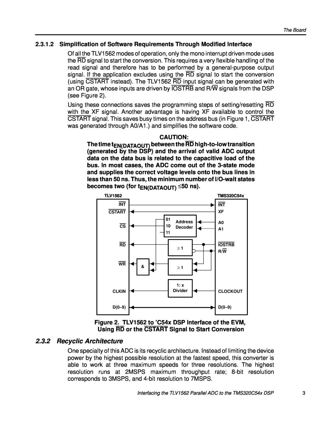 Texas Instruments manual Recyclic Architecture, TLV1562 to ’C54x DSP Interface of the EVM 