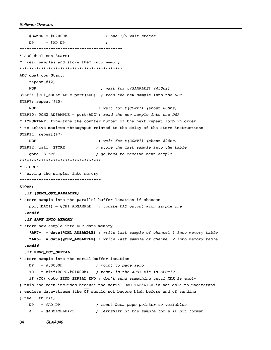 Texas Instruments TLV1562 Software Overview, if SENDOUTPARALLEL, endif if SAVEINTOMEMORY, endif if SENDOUTSERIAL, SLAA040 