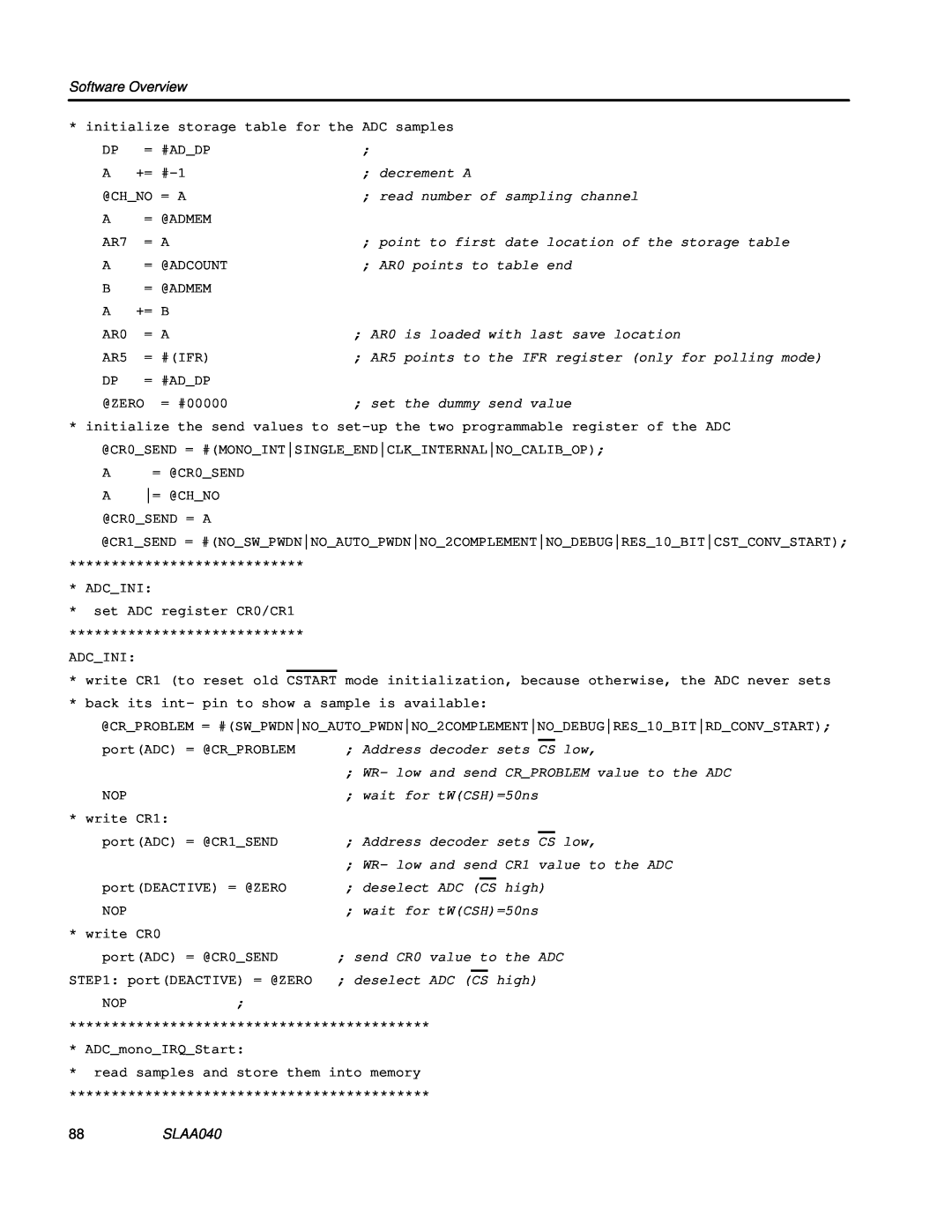 Texas Instruments TLV1562 manual Software Overview, SLAA040 