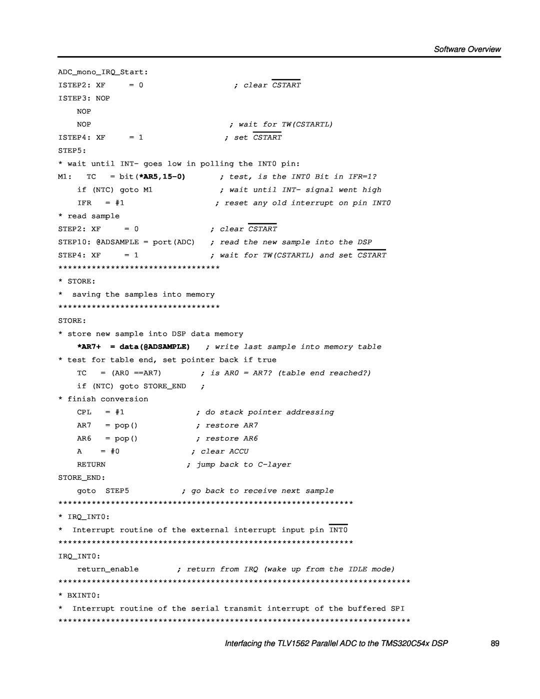 Texas Instruments TLV1562 manual Software Overview, = bit*AR5,15-0, AR7+ = data@ADSAMPLE 