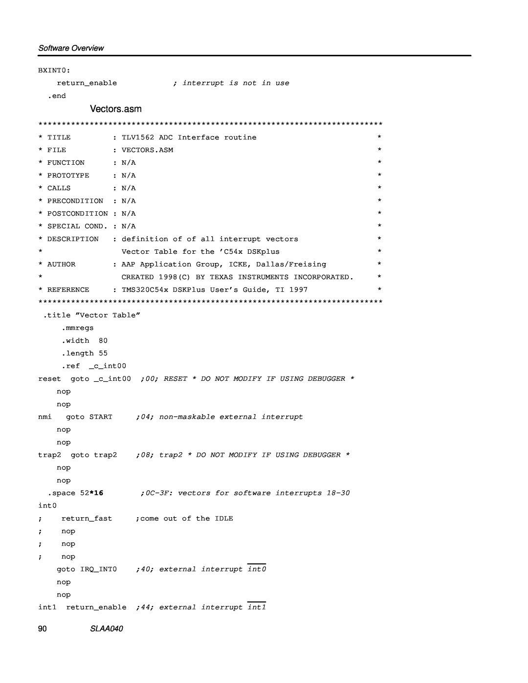 Texas Instruments TLV1562 manual Vectors.asm, Software Overview, SLAA040 