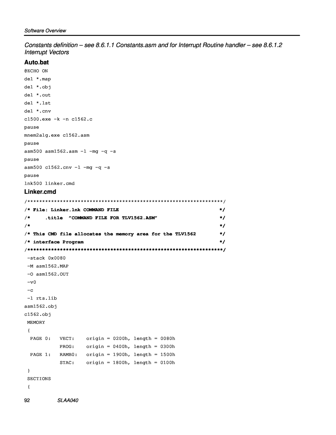 Texas Instruments TLV1562 manual Auto.bat, Linker.cmd, Software Overview, File Linker.lnk COMMAND FILE, interface Program 