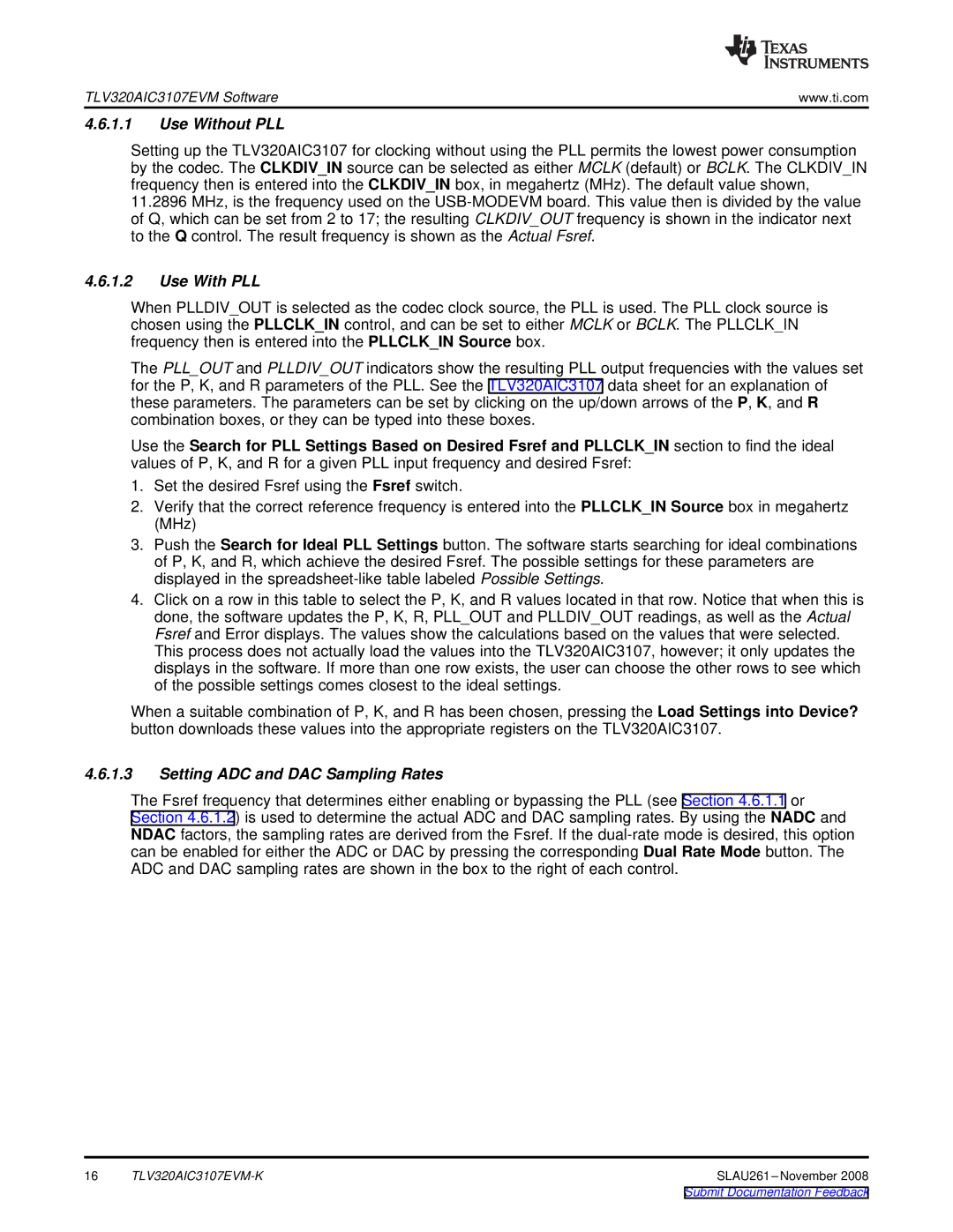 Texas Instruments TLV320AIC3107EVM-K quick start Use Without PLL, Use With PLL, Setting ADC and DAC Sampling Rates 