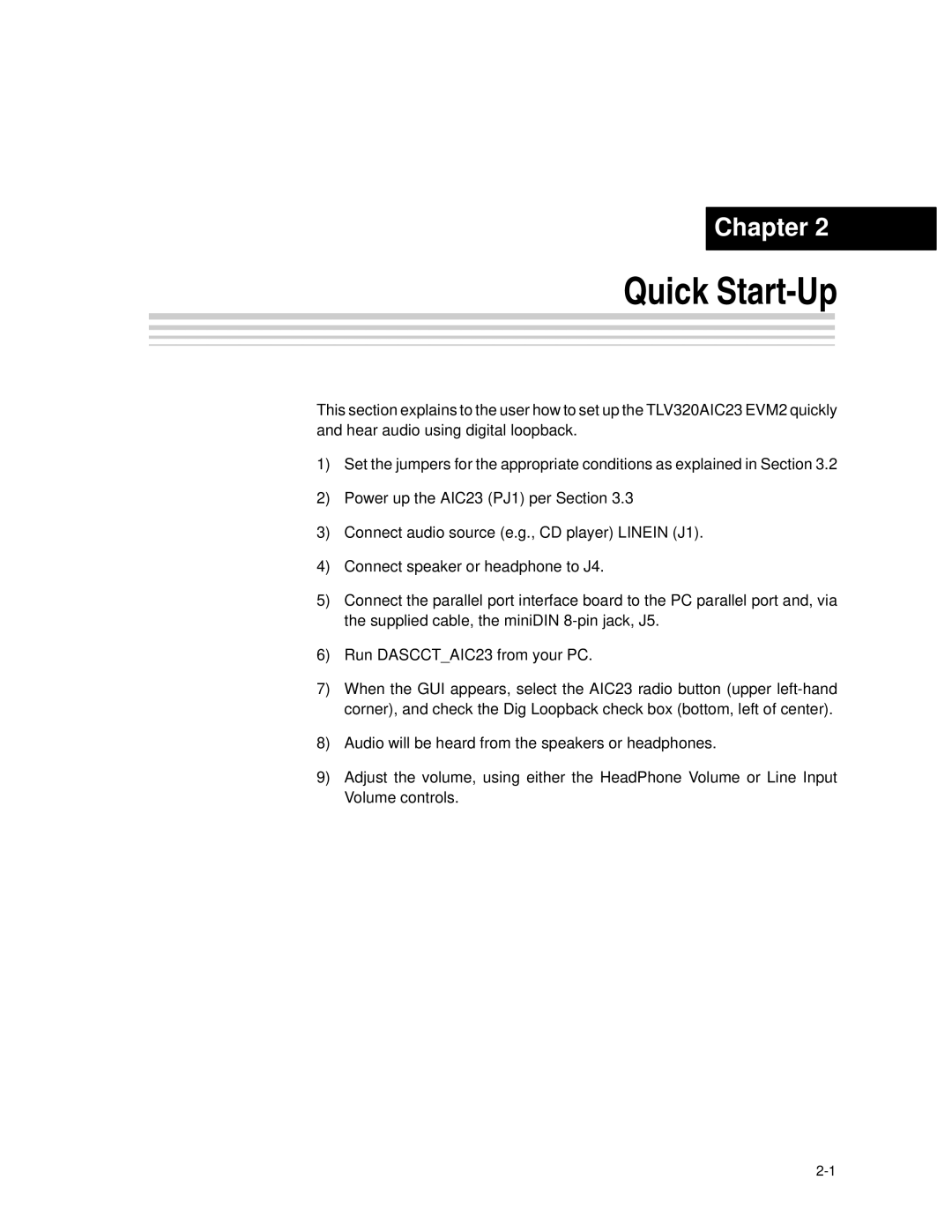 Texas Instruments TLV320AIC23, TLV320DAC23 manual Quick Start-Up 