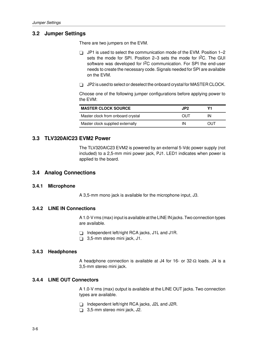 Texas Instruments TLV320DAC23 manual Jumper Settings, TLV320AIC23 EVM2 Power, Analog Connections 