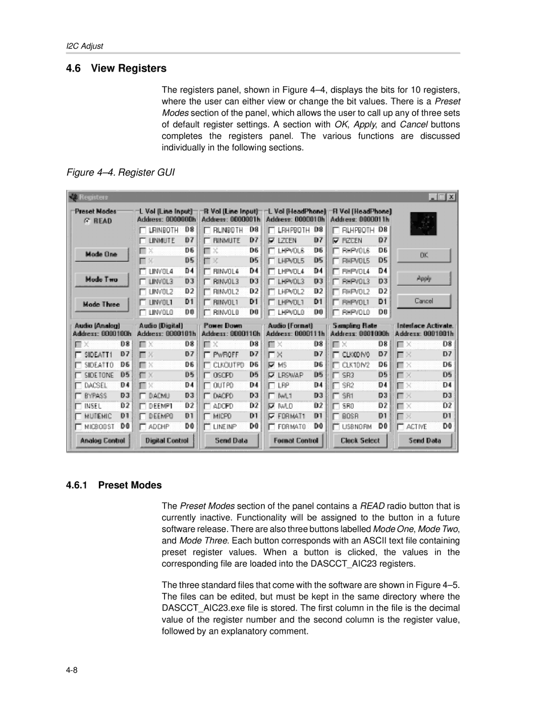 Texas Instruments TLV320DAC23, TLV320AIC23 manual View Registers, Preset Modes 