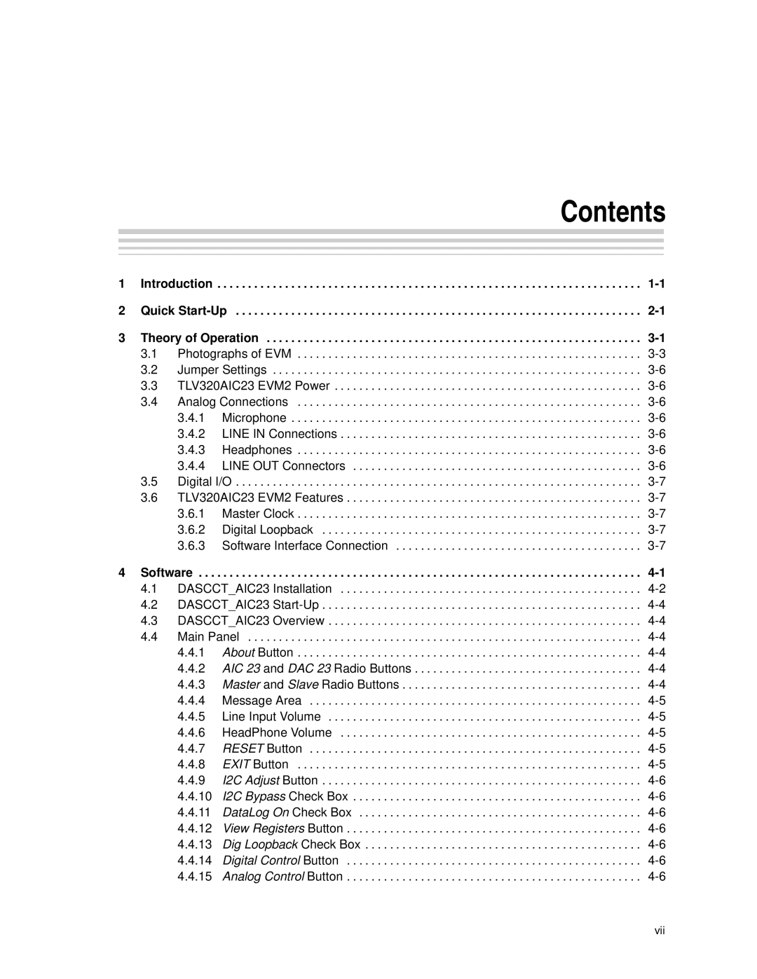 Texas Instruments TLV320AIC23, TLV320DAC23 manual Contents 