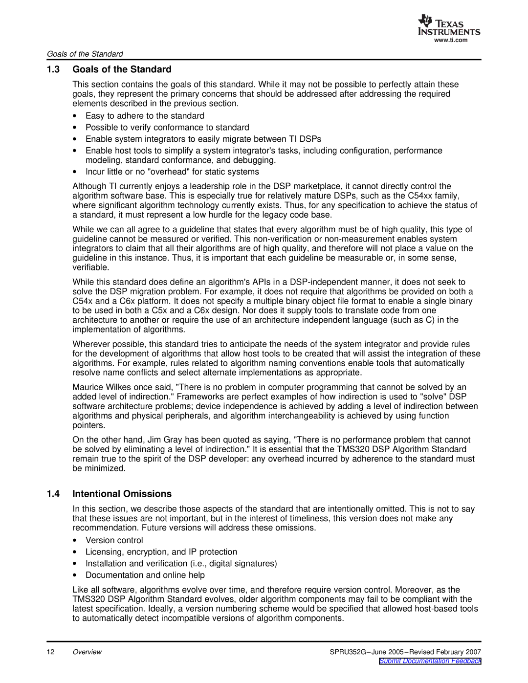 Texas Instruments TMS320 DSP manual Goals of the Standard, Intentional Omissions 