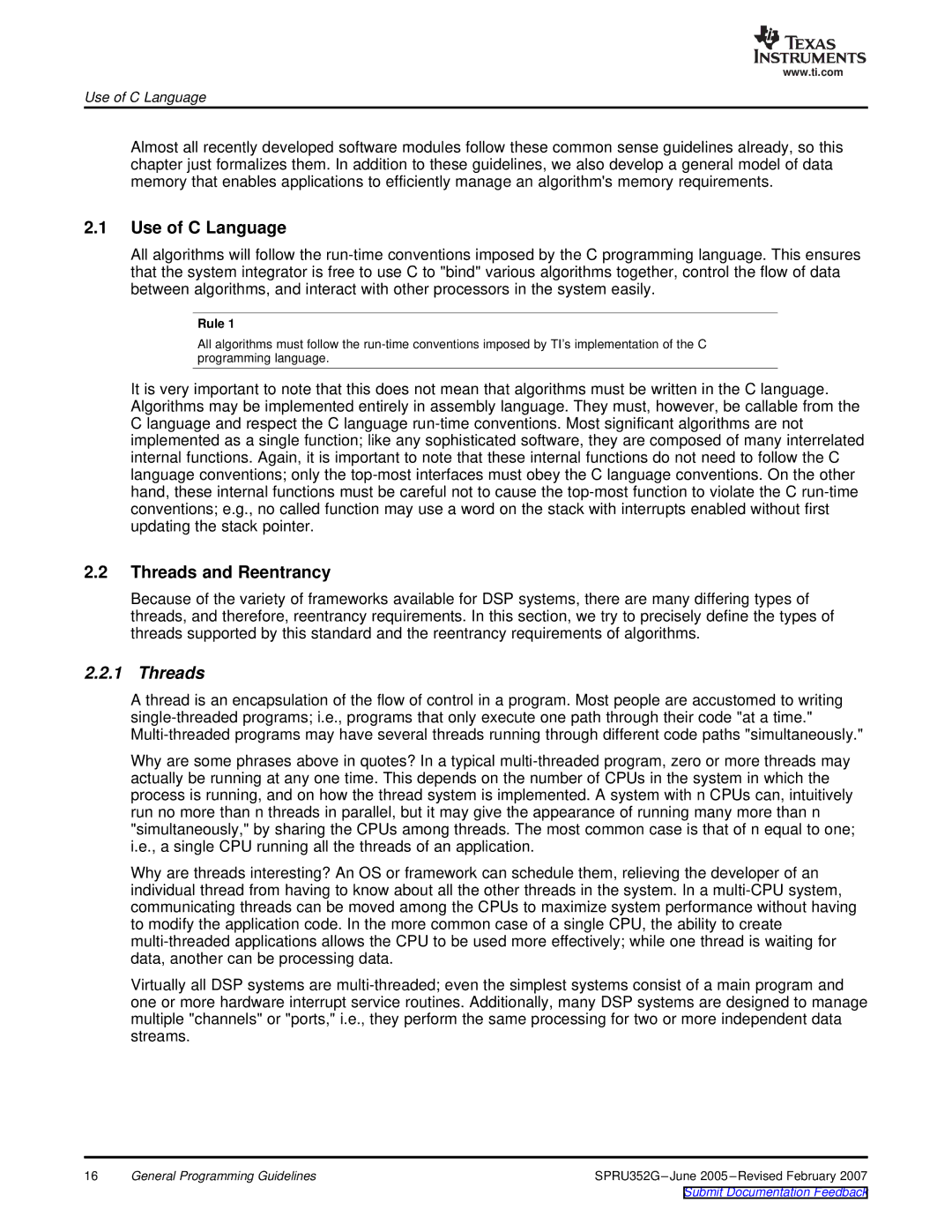 Texas Instruments TMS320 DSP manual Use of C Language, Threads and Reentrancy, Rule 