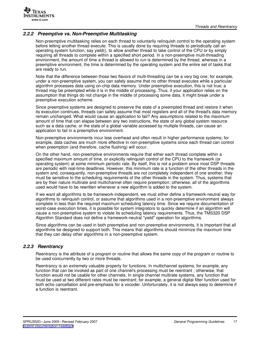 Texas Instruments TMS320 DSP manual Preemptive vs. Non-Preemptive Multitasking, Reentrancy 